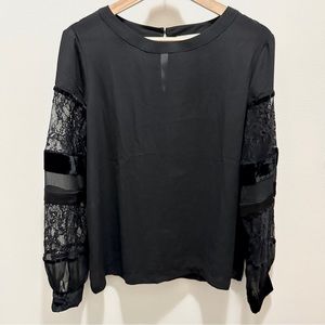 Loft Black Long Sleeve Blouse with Velvet & Lace Details
